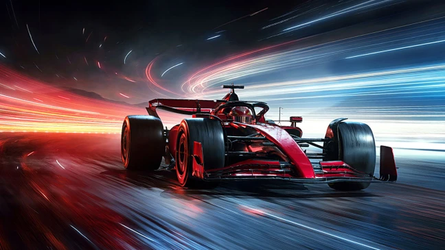 Roter Formel 1 Rennwagen auf einer Strecke mit dynamischen Lichtspuren in Rot und Blau, die Geschwindigkeit symbolisieren.