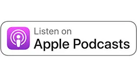 Rechteckiger Button mit lila Mikrofon-Icon und Text Listen on Apple Podcasts.